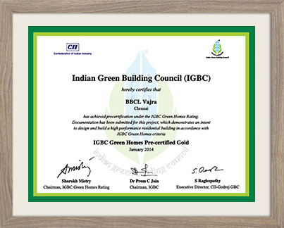 IGBC Certificate to BBCL Vajra - Chennai real estate Developers